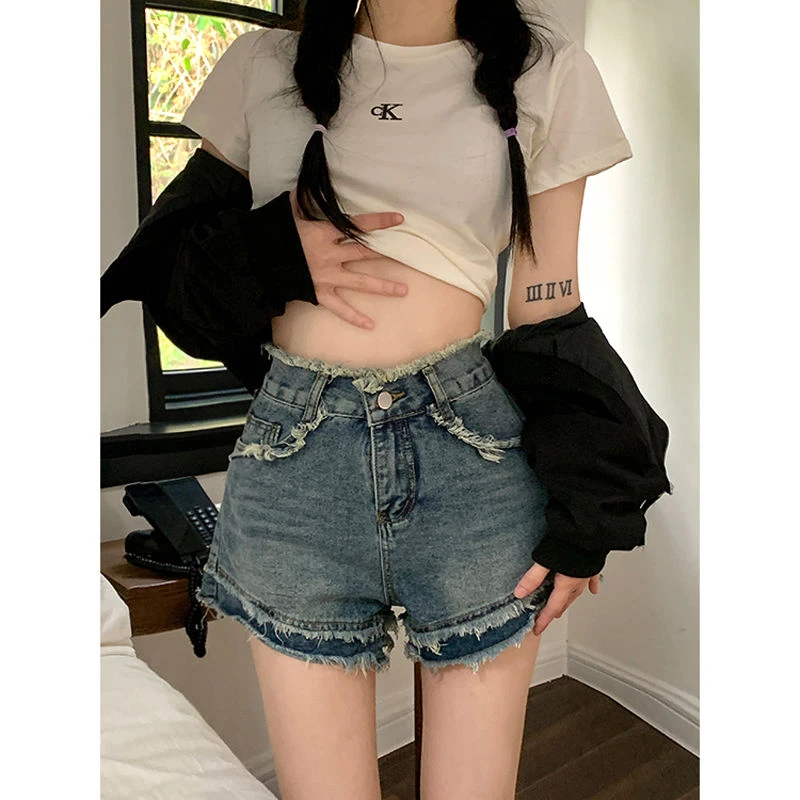 Retro design sense of raw edge high-waisted denim shorts female summer American loose thin wide-legged pint-sized hot pants