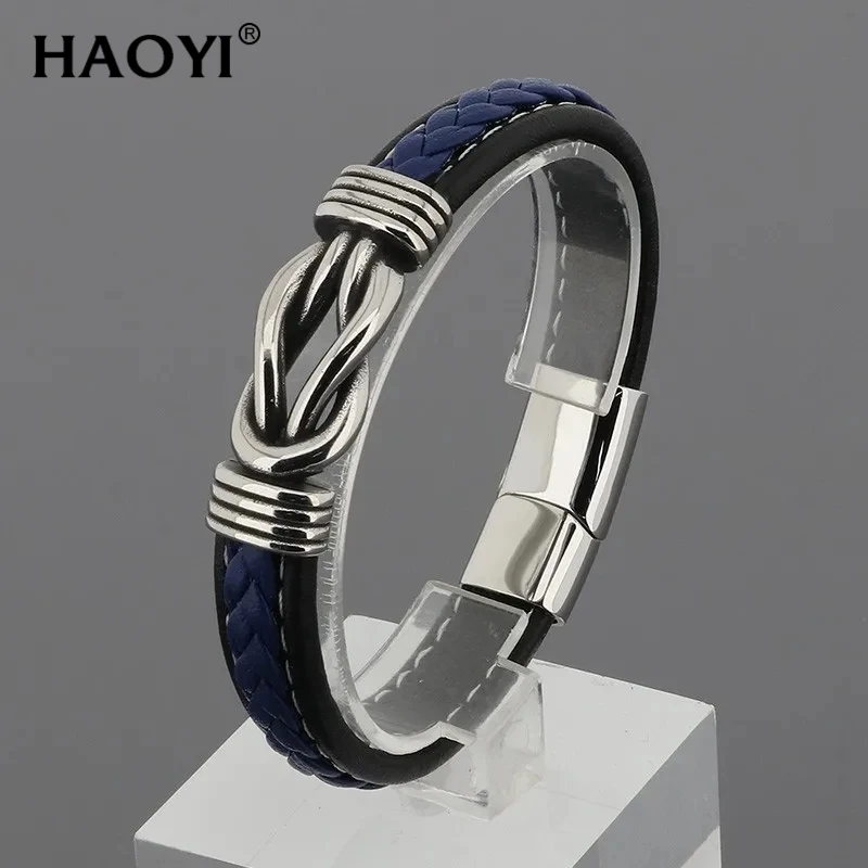 HAOYI 210 * 12mm Transit Surrounding 8 Stainless Steel Bracelets for Men's Leather Charm Gift Jewelry Black/Blue/Brown