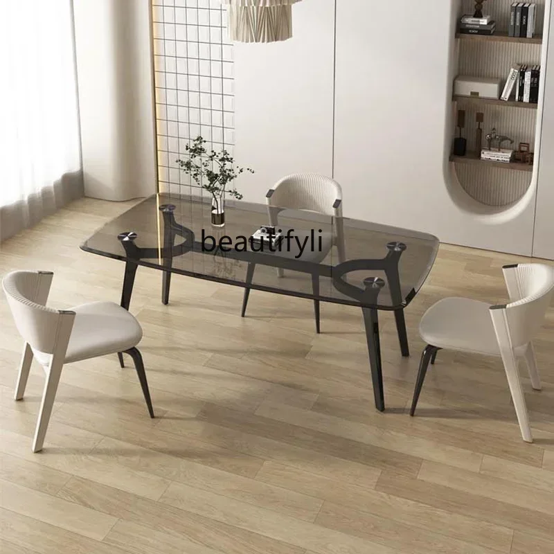 ss7486 Minimalist Glass Dining Table Rectangular Dining Table Household Small Apartment Designer Suspension Tempered Glass Table
