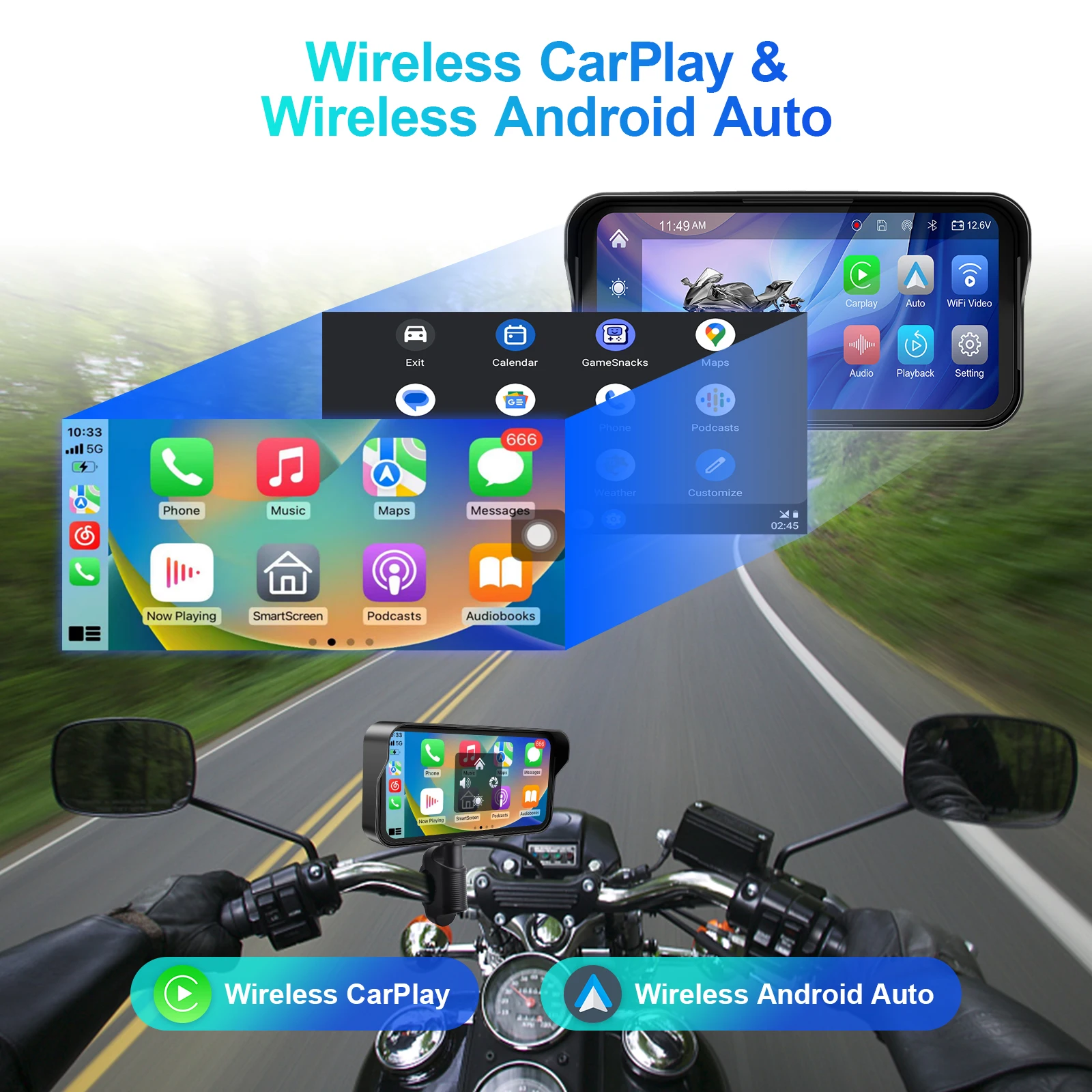 6,25 pulgadas portátil IPX7 impermeable motocicleta GPS navegación soporte inalámbrico Carplay Android Auto DVR unidad grabadora Moto TPMS