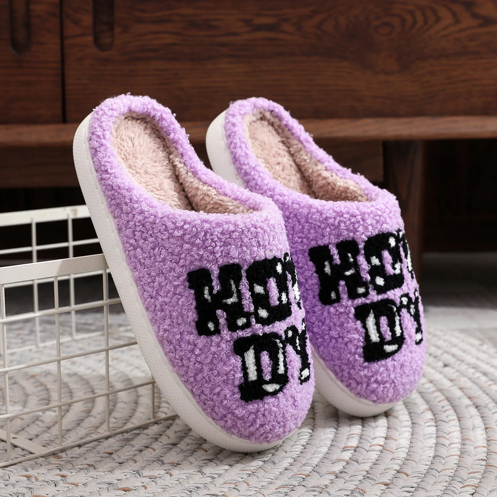 Purple English Letter Plush SlippersFor Women Cute Milk Cow Fluffy Cotton Shoes Girls Fashion Cartoon Indoor Warm Flat Slippers