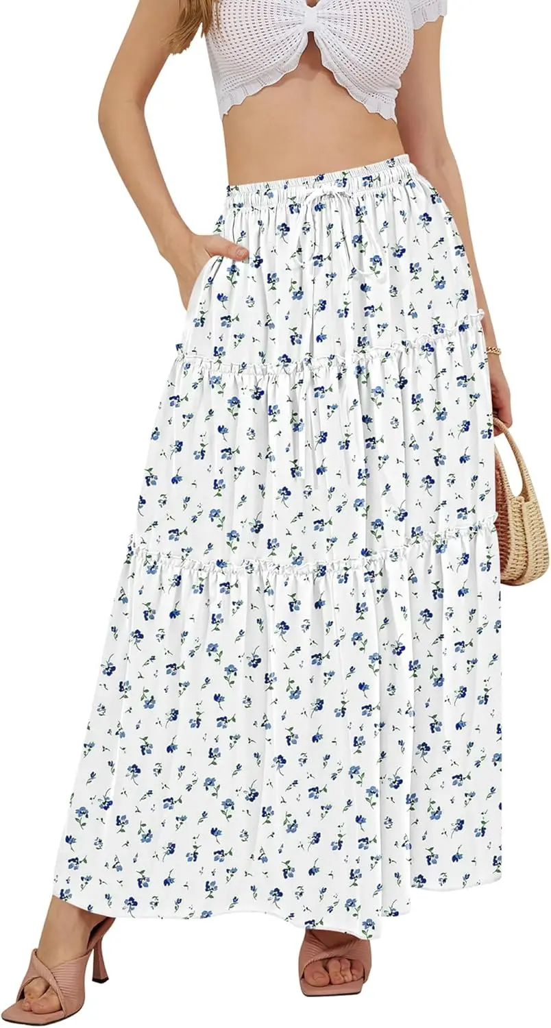

Luxy Trio Skirts for Women Boho Elastic Waisted Swing Ruched Maxi Skirt