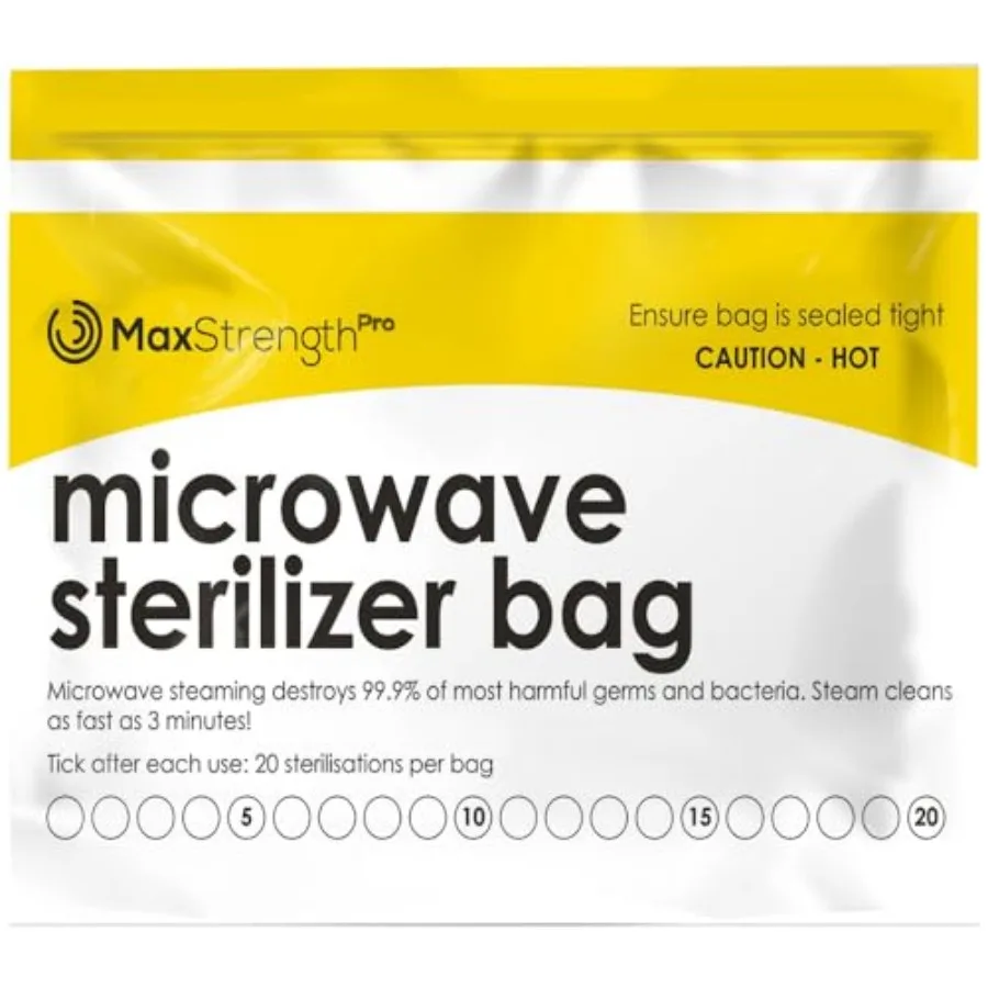

Max Strength Pro Microwave Steam Sterilizer Bags 20pc for Baby Bottles, Soothers, Teethers, Breast Pump Parts, Training Cups, A