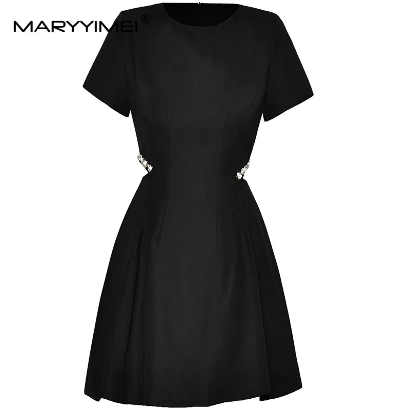 

MARYYIMEI Summer Women's Dress Short Sleeve High Waiste Hollow Out Crystal Beading High Street Black Fashion Dresses