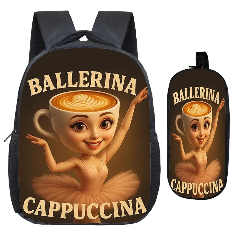 

2pcs Set Italian Brainrot Backpack for Boys Girls Ballerina Cappuccina Cartoon Bookbag Toddler Kindergarten Schoolbag Pencil Bag