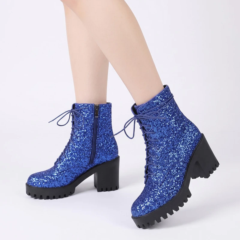 Sequins Bling Women Ankle Boots Lace-up Platform Autumn Winter Party Short Boots Nightclub 8cm Chunky Heels Dance Shoes WSH5833
