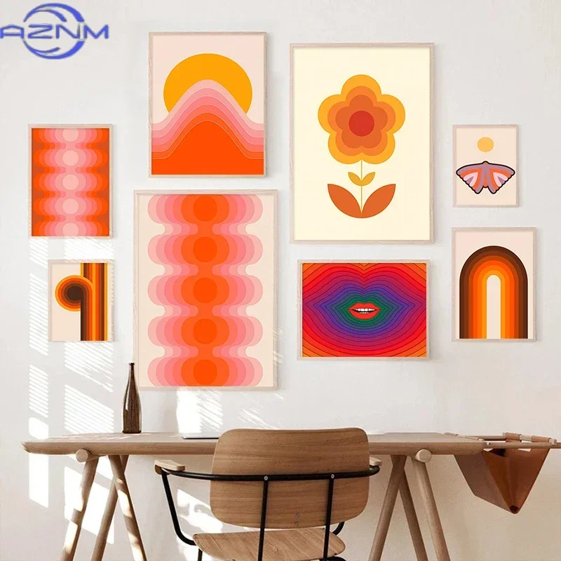 Retro Stripes Art Prints Sunset Lip Rainbow Flower Butterfly Boho Poster Canvas Painting Wall Pictures For Living Room Decor