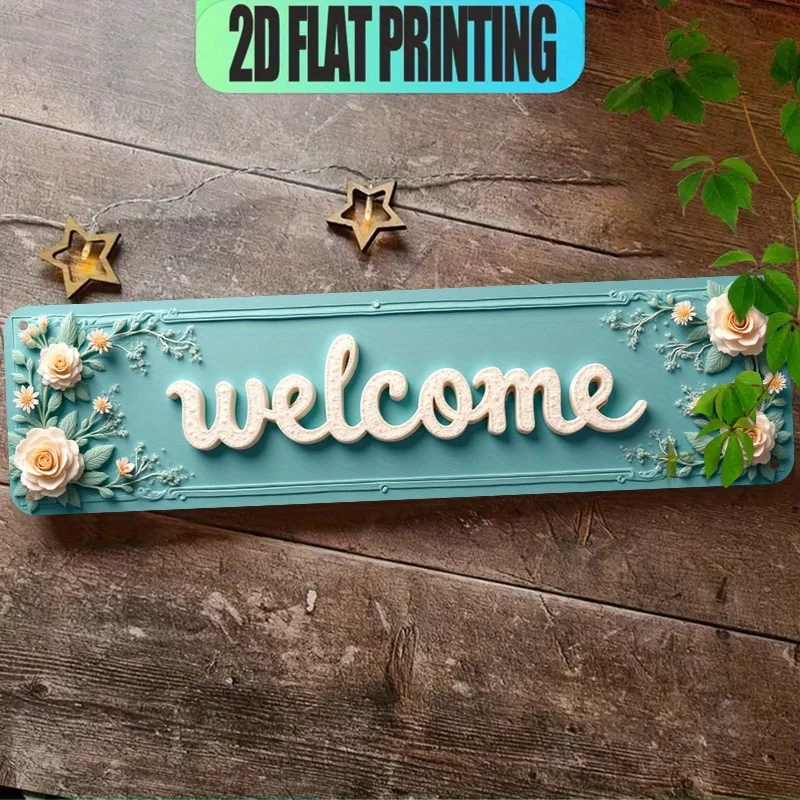 2D Flat, Large Vintage Welcome Sign - Turquoise Blue Floral WELCOME Lettering with White Cursive Font - Elegant Metal Wall Decor