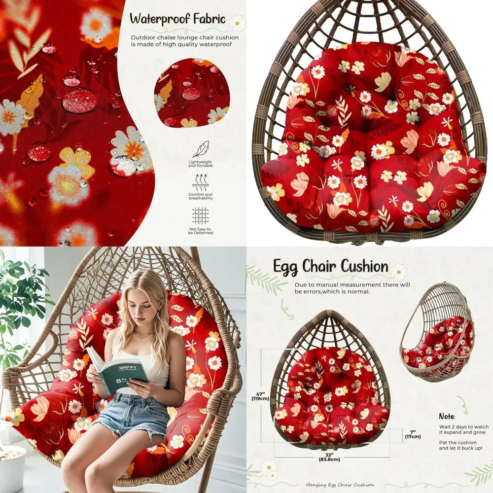 

Водонепроницаемая подушка для стула-яйца с рисунком красного пиона, 47x35x7 дюймов, толстая с завязками