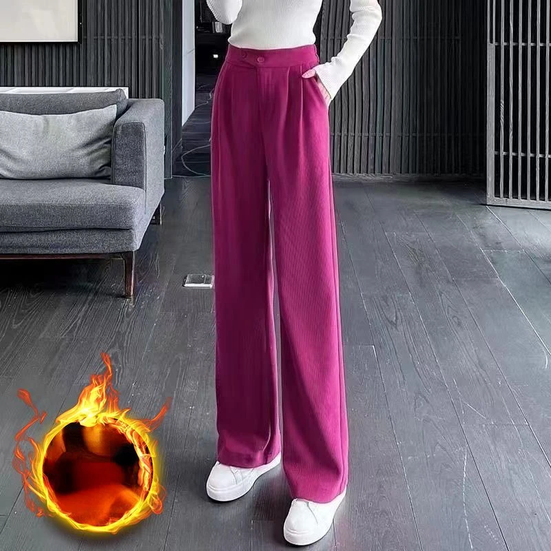 Women Winter Solid Corduroy Trousers High Waist Autumn Vintage Korean Casual Pocket Wide Leg Pants Elegant Loose Y2k Streetwear