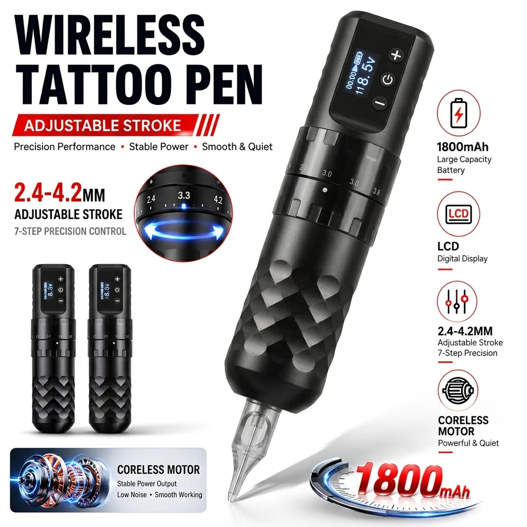 

Wirless Tattoo Machine Pen 1800mAh LCD Display 2.0-4.2mm Adjustable Stroke With Powerful Custom Motor for Makeup Microplasty Pen