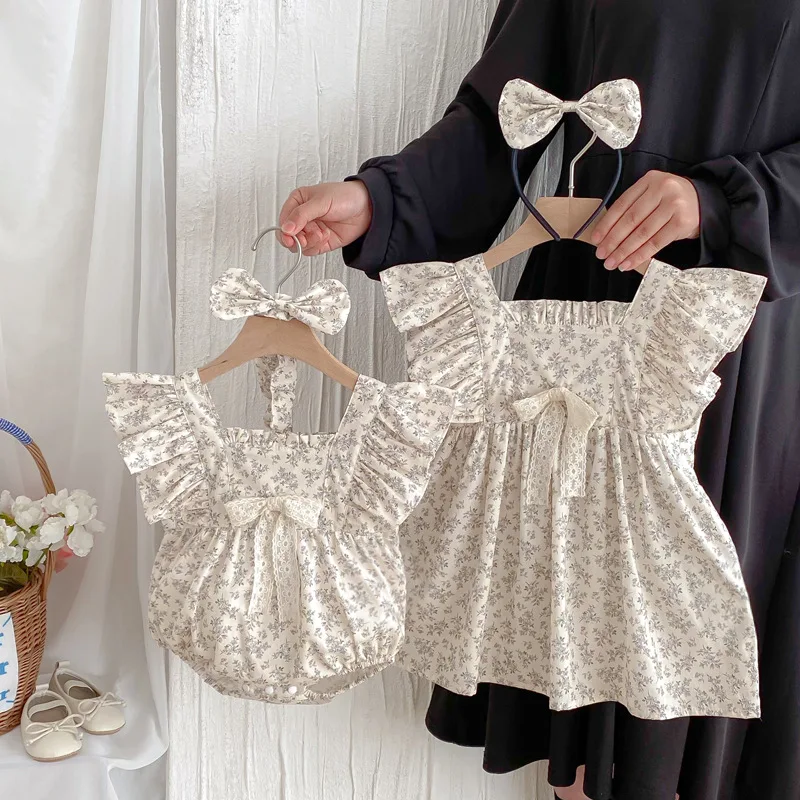 

2025 Summer Infant Girls Romper Fragmented Flower Printed Newborn Girls Jumpsuit Bowknot Cotton Fashion Toddler Girls Bodysuits