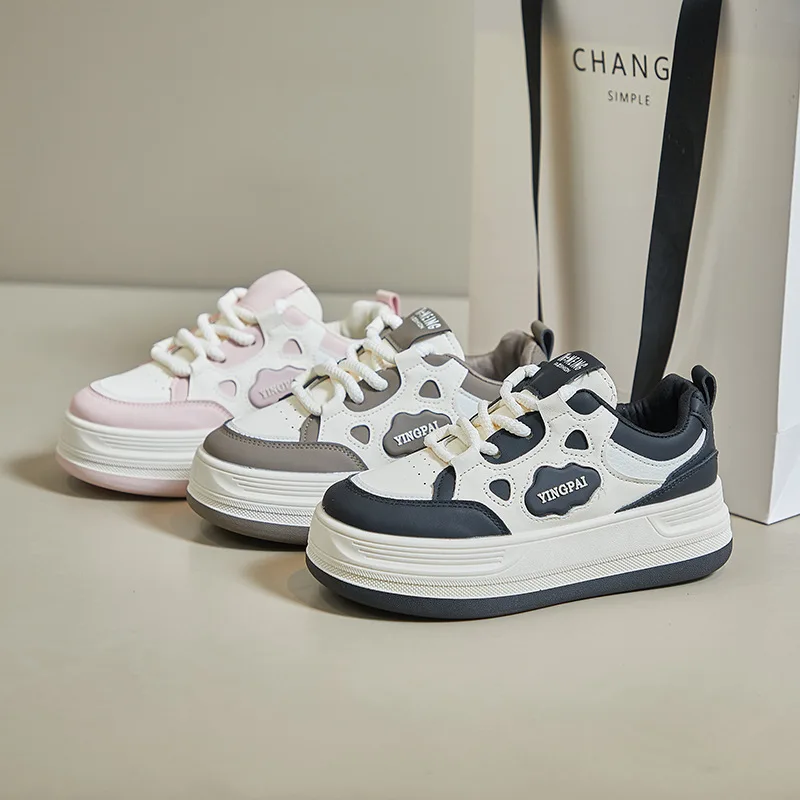 Spring & Summer PU Leather Women Shoes Fashion Breathable Sports Casual Girls Sneakers Thick-Soled Increase Size 35-40