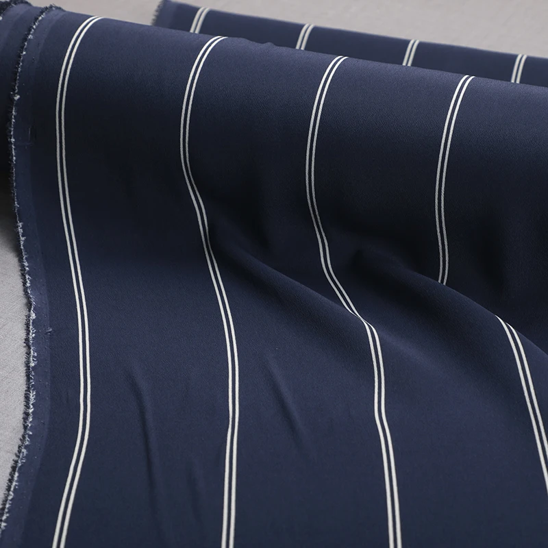 135Cm Wide 21Mm Thick Silk Cotton Crepe de Chine Fabric For White Stripes Printed on Dark Blue Dress Clothing Cheongsam R240