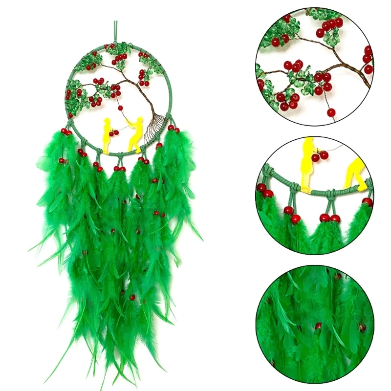 Handmade Woven Dreamcatchers Wall Hanging Feathered Tassels Crystal Stone Hawthorn Tree Ornament for Bedroom Decors