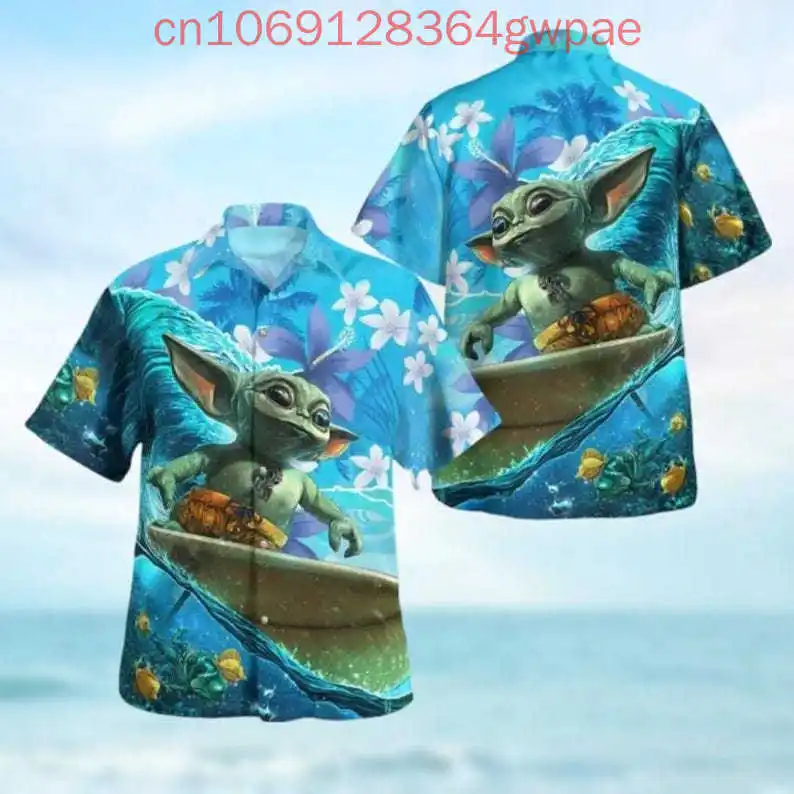 Disney Baby Yoda Button Shirt Movie Hawaiian Shirt Cute Grogu Button Up Men Women Shirt Magic Kingdom Kids Summer Shirt