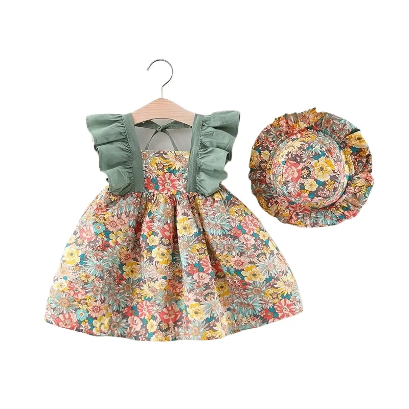 

Summer New Girl Baby Strap Dress Fragmented Flower Children's Sleeveless Princess Dress 0-3 Year Old Newborn Comes with Hat