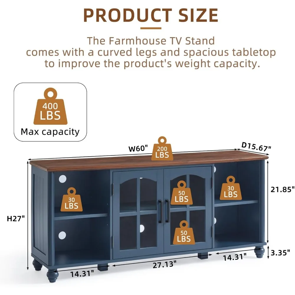 حامل تلفزيون المزرعة لتلفزيون 60 بوصة، مركز ترفيه خشبي مع خزانة تخزين بباب زجاجي وأرفف قابلة للتعديل، ملعب تلفزيون