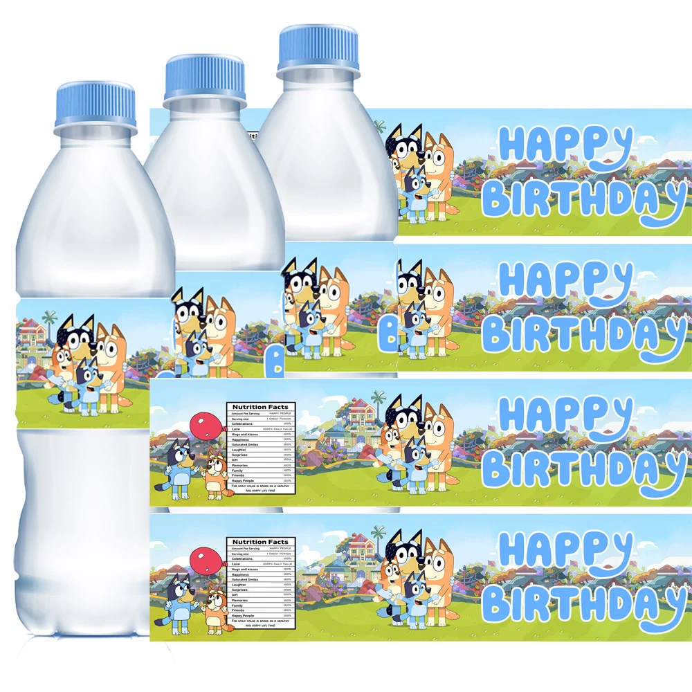 Bluey-Autocollants décoratifs pour bouteille d'eau, fournitures de fête de famille Bingo, jouets d'anniversaire, fête préChristophe pour garçons et filles