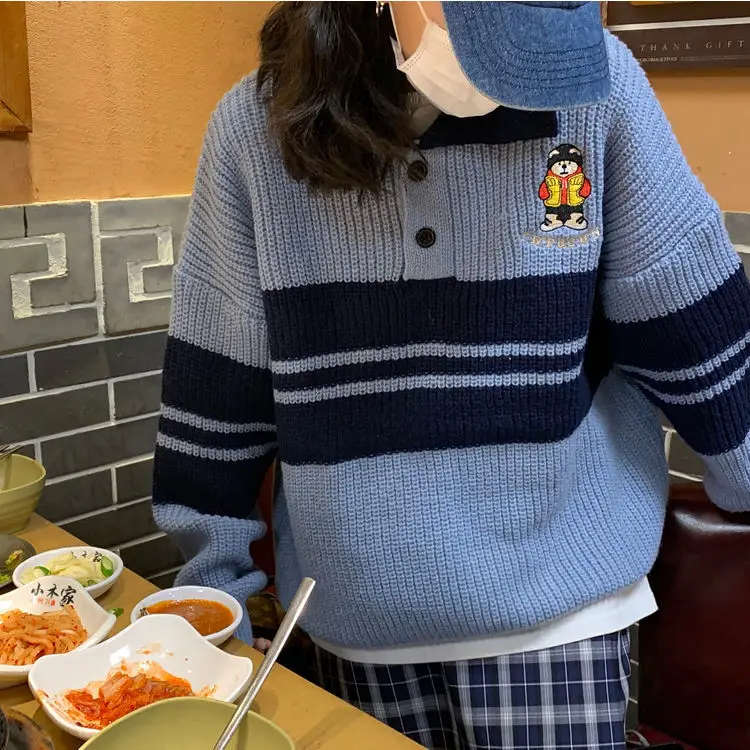 Color Block Striped POLO Collar Sweater Embroidery Pullover Winter Harajuku Varsity Student Kawaii Clothes Loose Long Sleeve Top