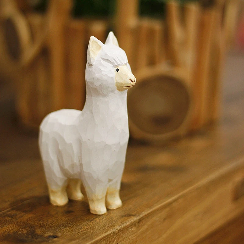 Handmade Wooden Alpaca Figurine Solid Wood Animal Sculpture Craft Desktop Decoration Nordic Style Home Decor