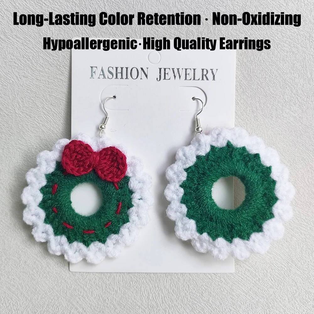 Crochet Fashion Merry Christmas Wreath Circle Hoop Earrings for Women Girls New Year Party Festival Jewelry Gifts