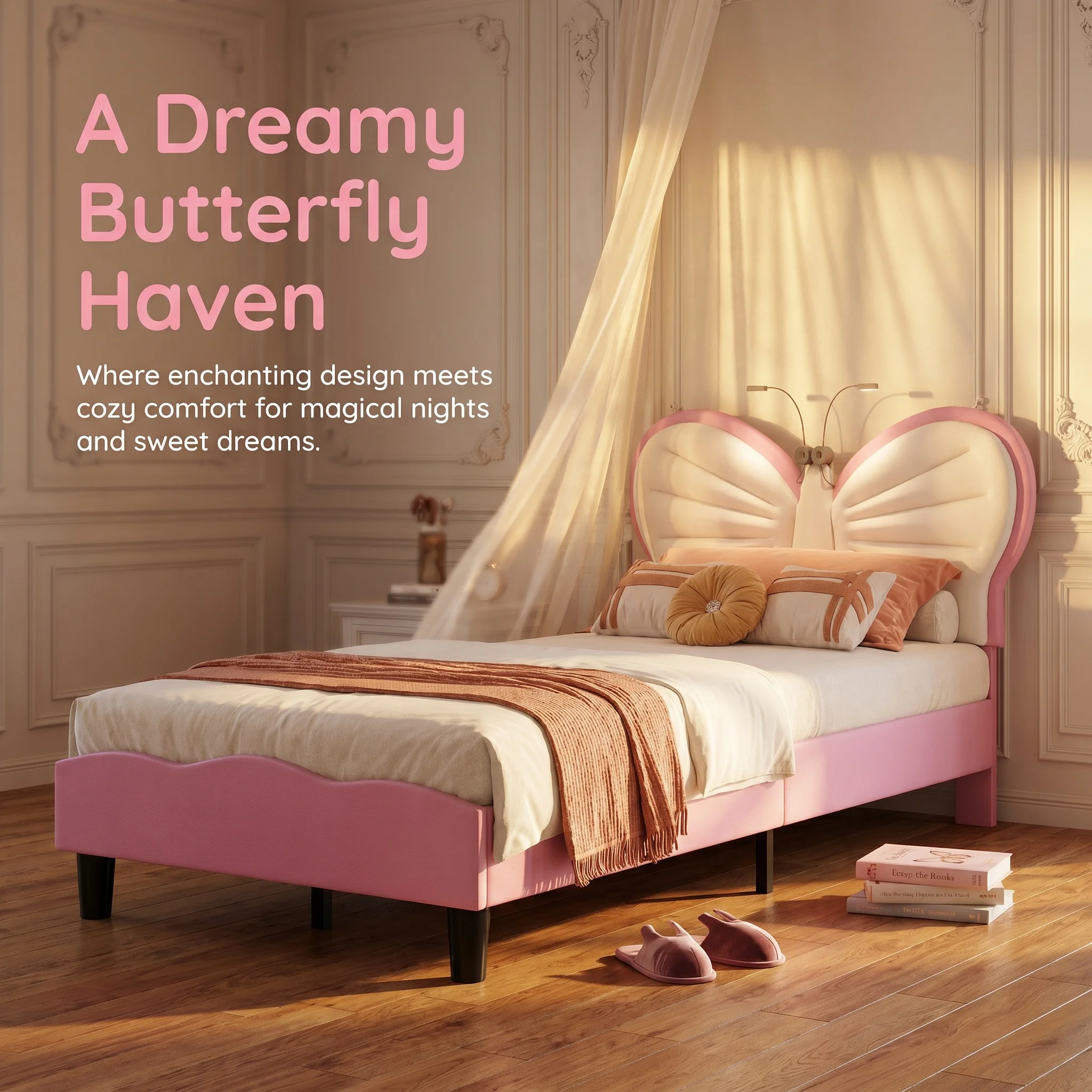 Lit d'enfant Comanlai 90×200cm, lit simple, avec lampe de lecture LED, avec sommier à lattes et tête de lit papillon, velours, rose