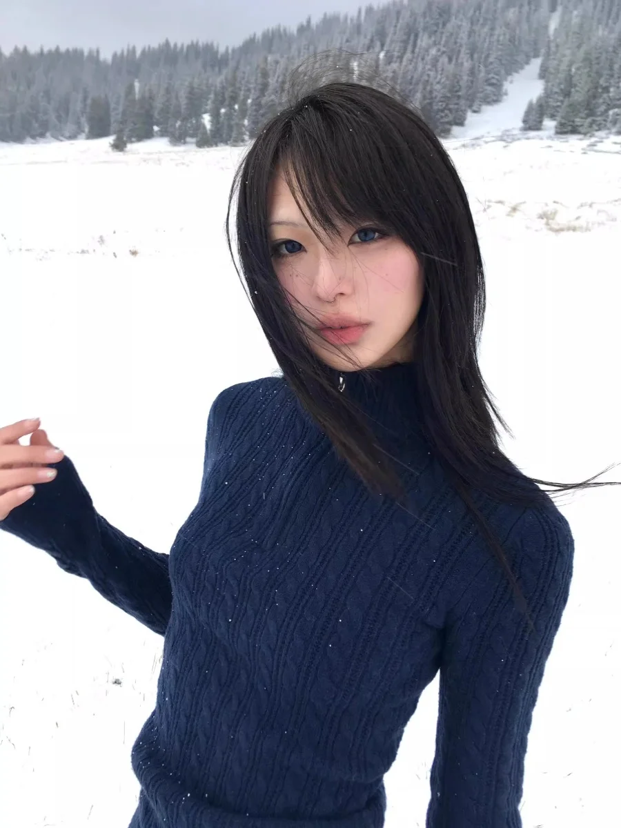 

Slim Fit Long Sleeve Knitted Sweater Women's Autumn Winter Half High Collar Inner Wear Design Base Shirt Top in Deep Blue Color