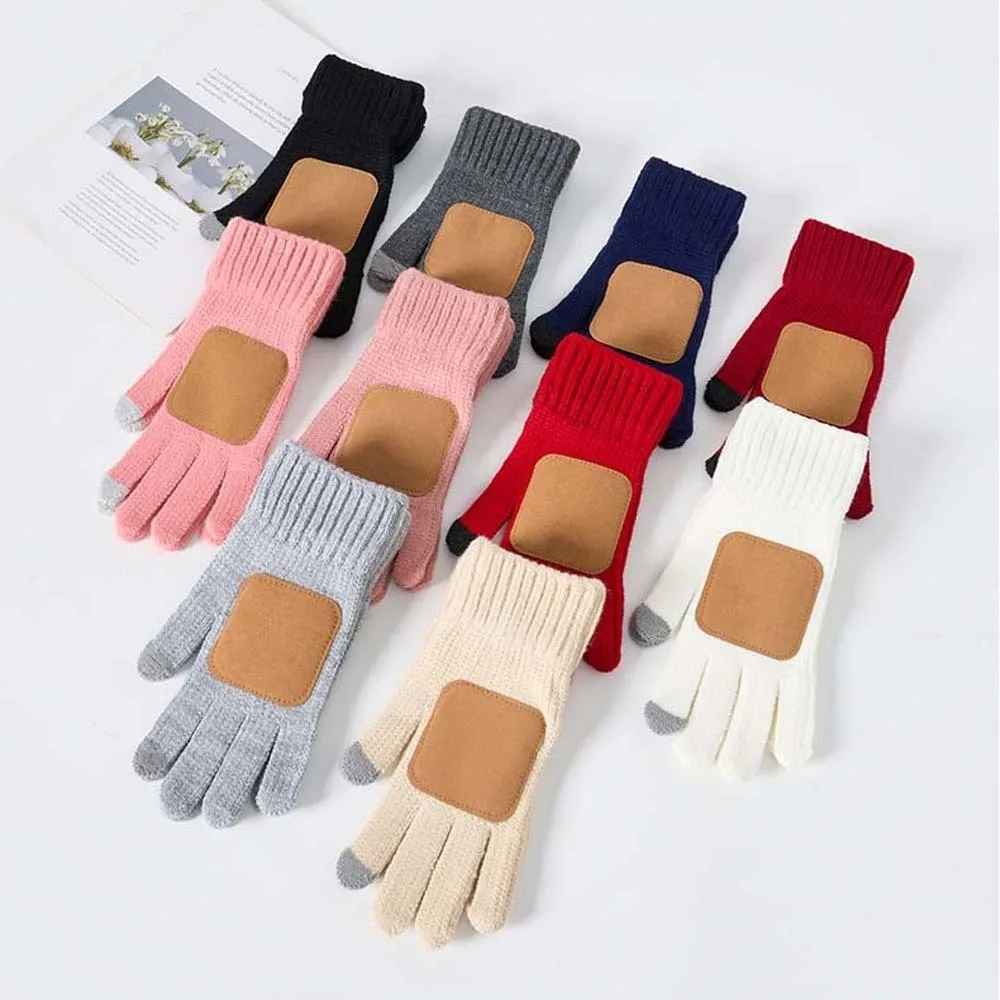 Leather Patch Touchscreen Gloves Knitted Wool Solid Color Winter Knit Mittens Thick Lining High Quality Woolen Warm Gloves