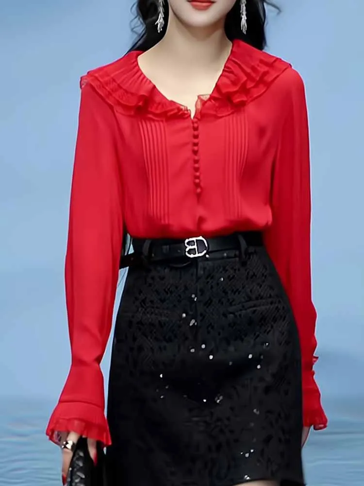 

Spring Autumn 2025 New Sle Bell Sve V Ne Chiffon Top Slimming Red Waist Cinched Faionable Small irt Korean Commute...