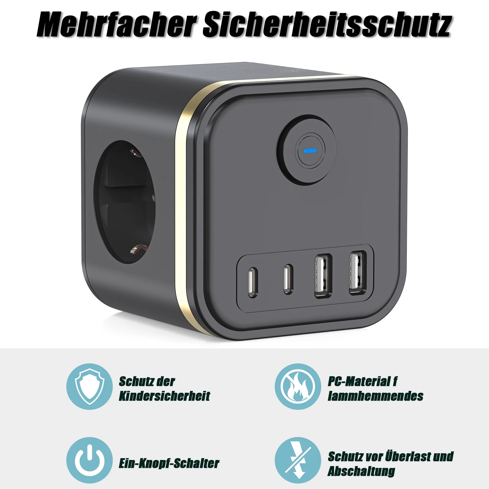 3680W Wall Socket Extender with 3 AC Outlets 2 USB 2 Type C Ports, EU Plug Power Strip Desktop Charger 230V with Switch for Home