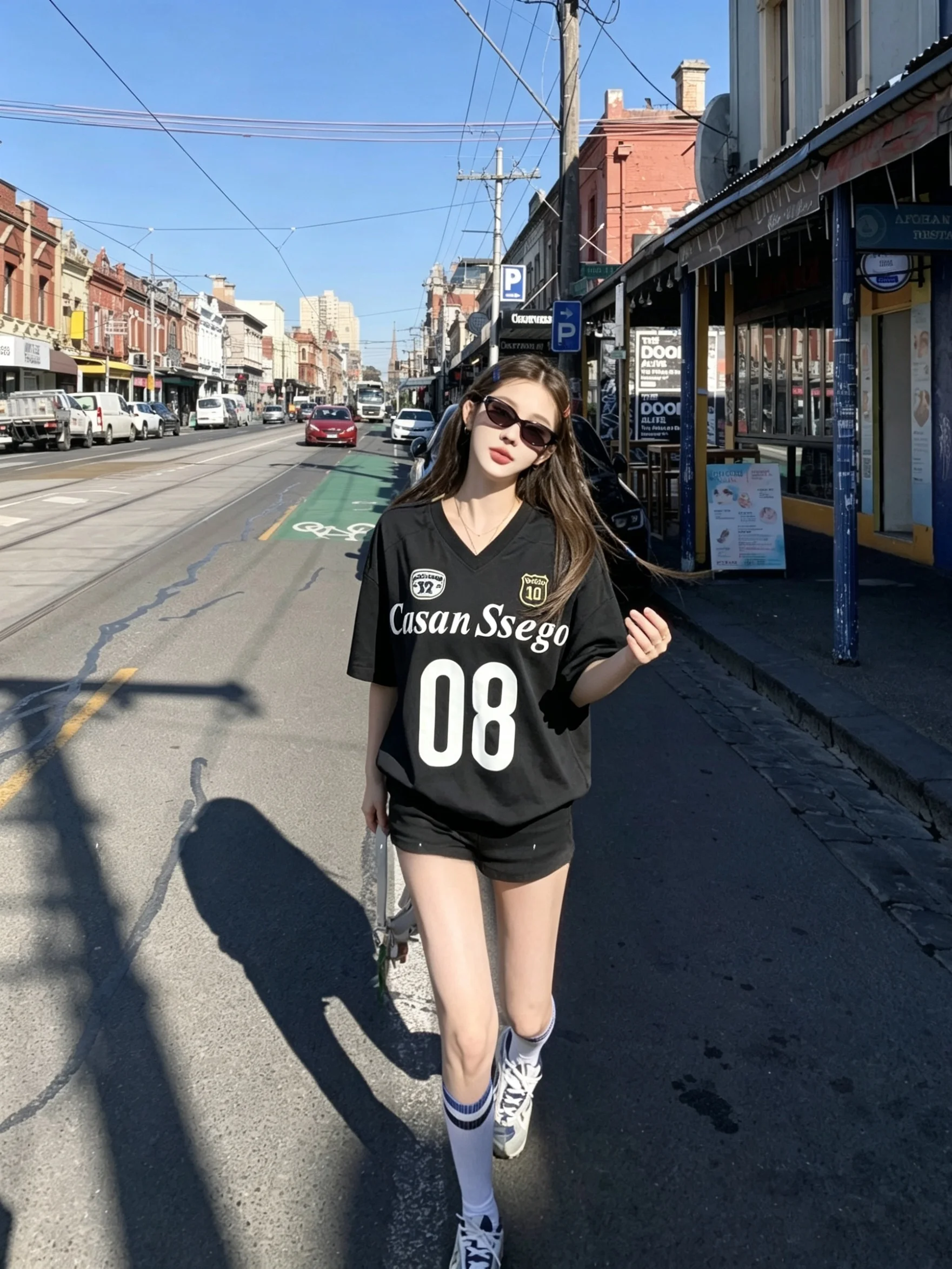 

Женская спортивная футболка в корейском стиле с коротким рукавом, V-образным вырезом, цветными блоками, вышивкой, нашивкой, сетчатыми вставками, повседневная, свободного кроя, удлиненная (5/4)