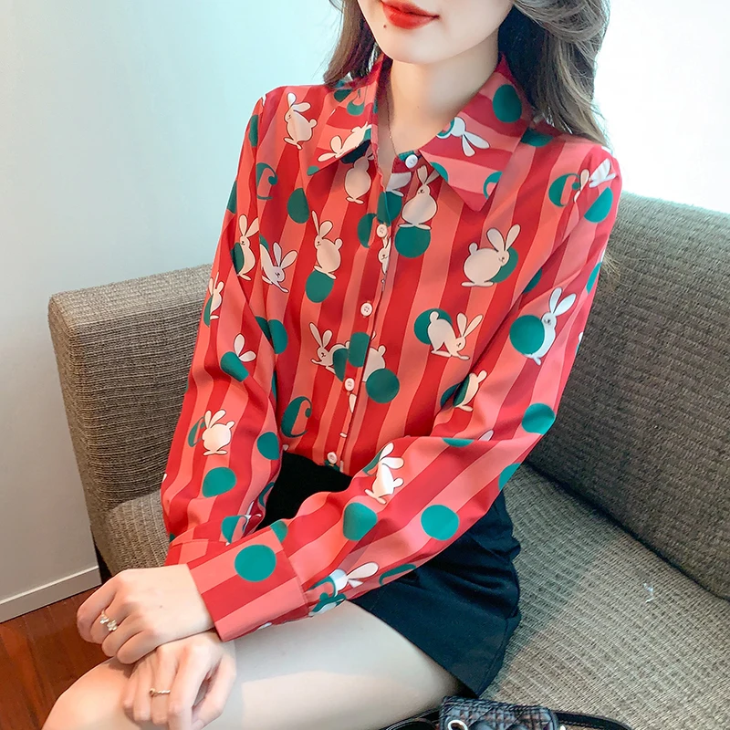 Spring Red Long Sleeve Top Female Elegant 2024 Fashion Cartoon Rabbit Print Shirts Woman Luxury Casual Blouse For Women Vc87