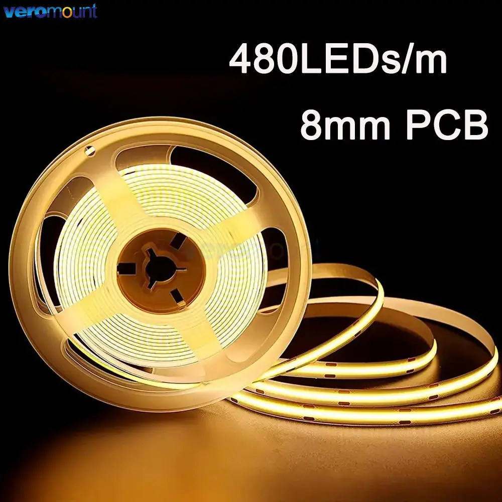 

5m Flexible COB LED Strip Light DC 12V 24V 8mm 480leds/m FOB High Density Tape Ribbon RA90 3000K 4000K 6000K Linear Dimmable