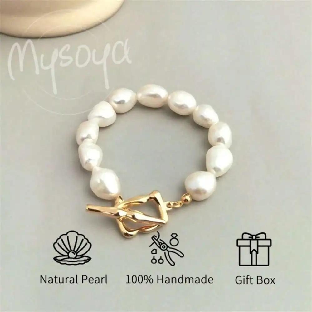 

MYSOYA белый браслет из пресноводного жемчуга в стиле барокко 9-10 мм, подарочная коробка с жемчугом для нее/Him, свадебный подарок, повседневный подарок, подарок на день рождения