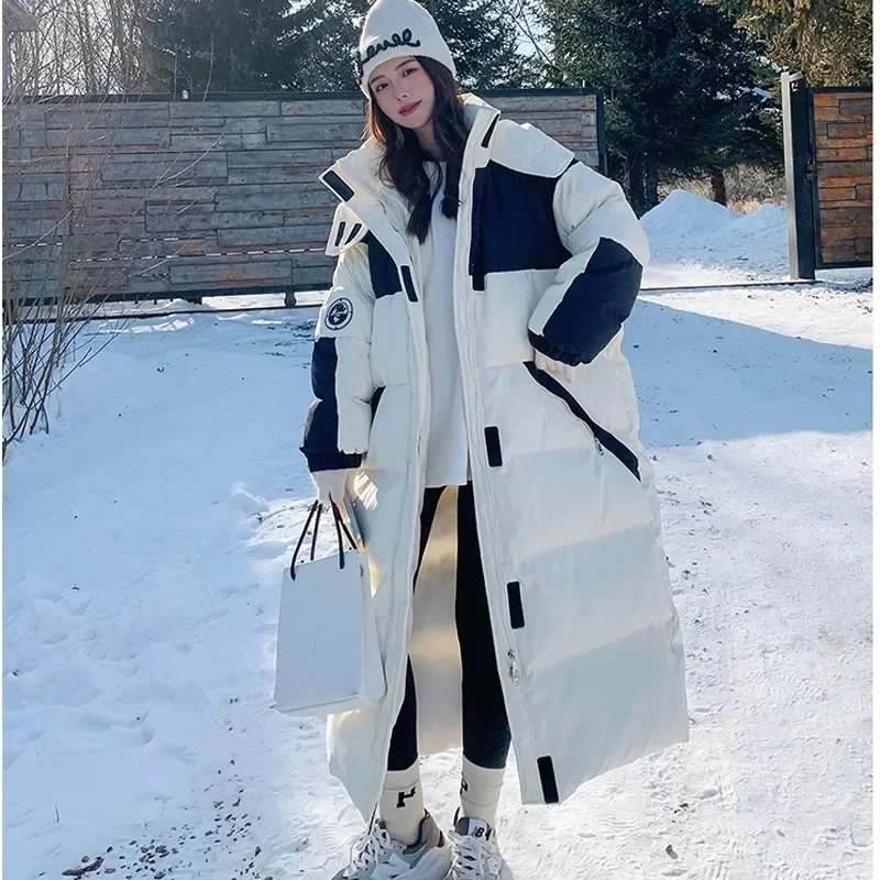 Piumino lungo coreano patchwork bianco nero giacca imbottita con cappuccio donna addensare inverno caldo piumino oversize cappotto soprabito