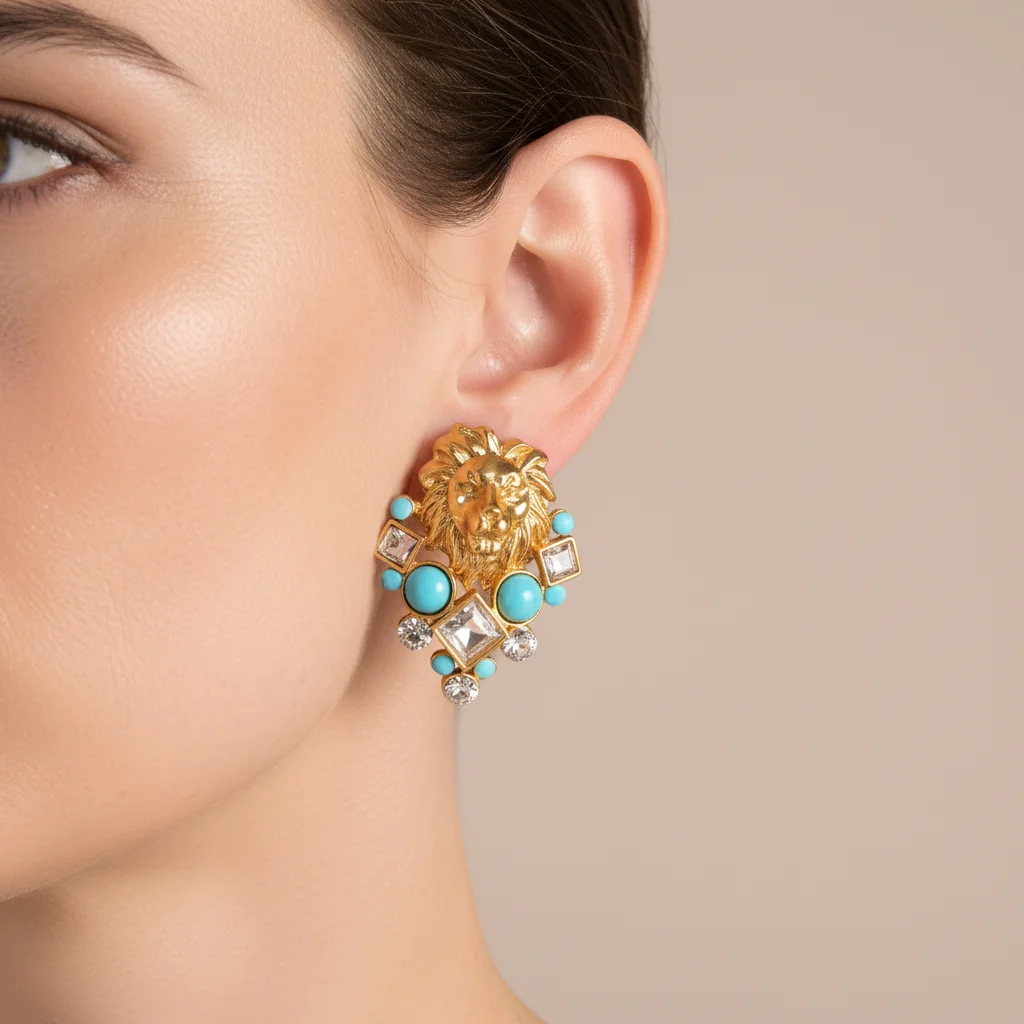 

Vintage Lion Head Earrings for Women - 18K Gold Plated Turquoise Crystal Statement Jewelry Party Club African Fashion