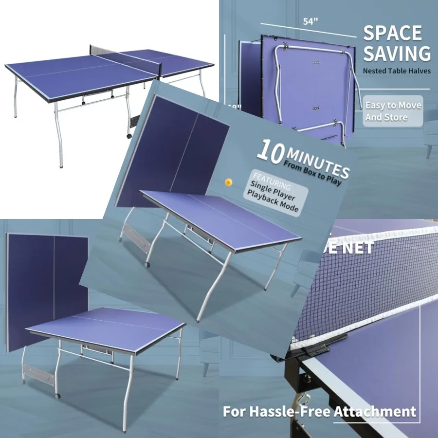 

Compact Ping Pong Table 8ft for indoor/outdoor use blue steel frame foldable and portable design with net 2 paddles and 3 balls