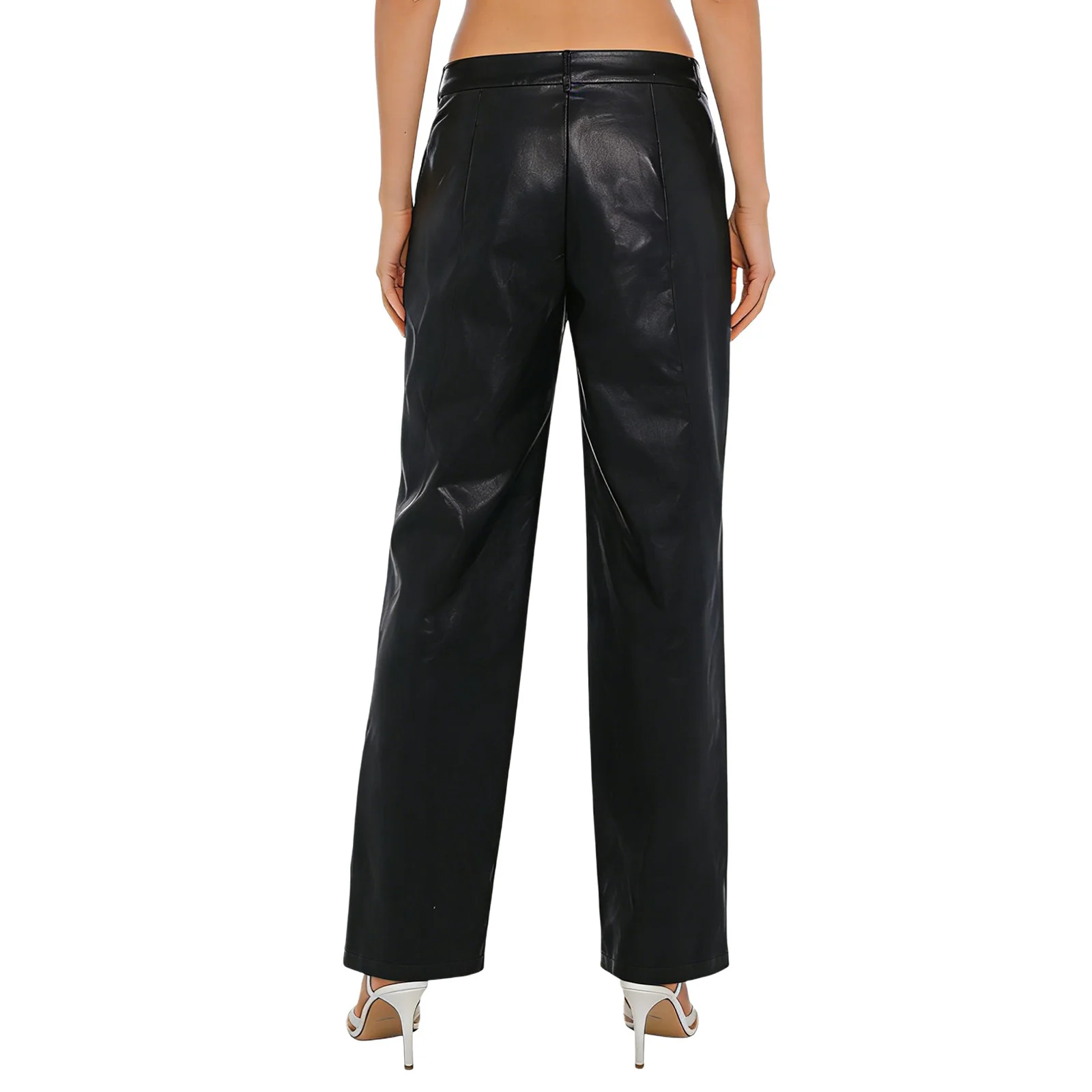 Womens Casual Cargo Pants PU Material Straight Leg with Stylish Fake Flap Pockets Trousers for Daily Wear Shopping Vacation