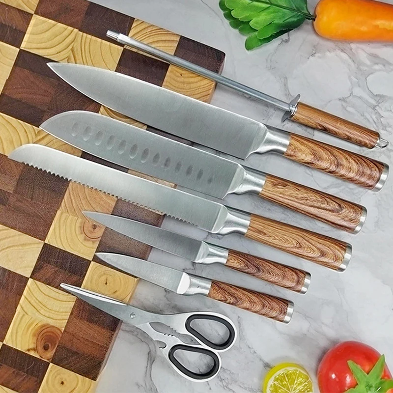 Kitchen Chef Knives Set Wooden Handle Butcher's Stainless Steel Meat Cleaver Chicken Scissors Knife Sharpener Salmon Fish Knife