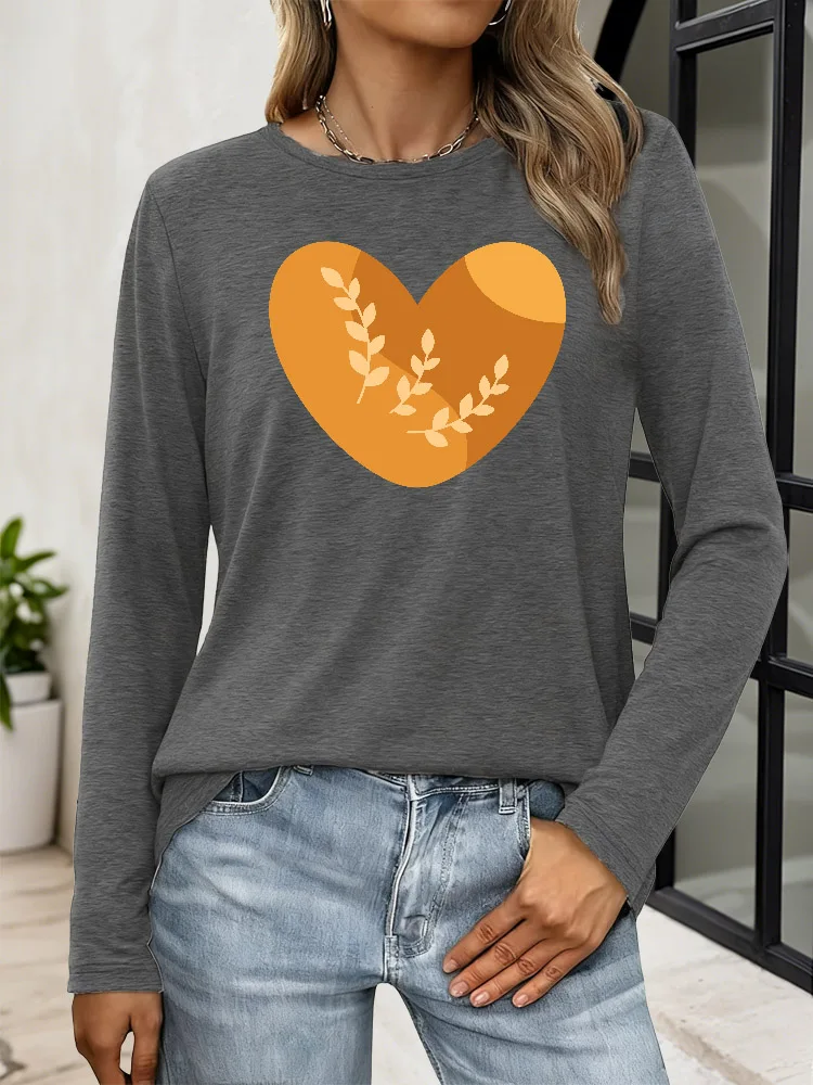Golden Harvest Hearts-Camiseta informal de manga larga con estampado de corazones para mujer, camiseta Y2K con cuello redondo, tela de mezcla transpirable para primavera y otoño