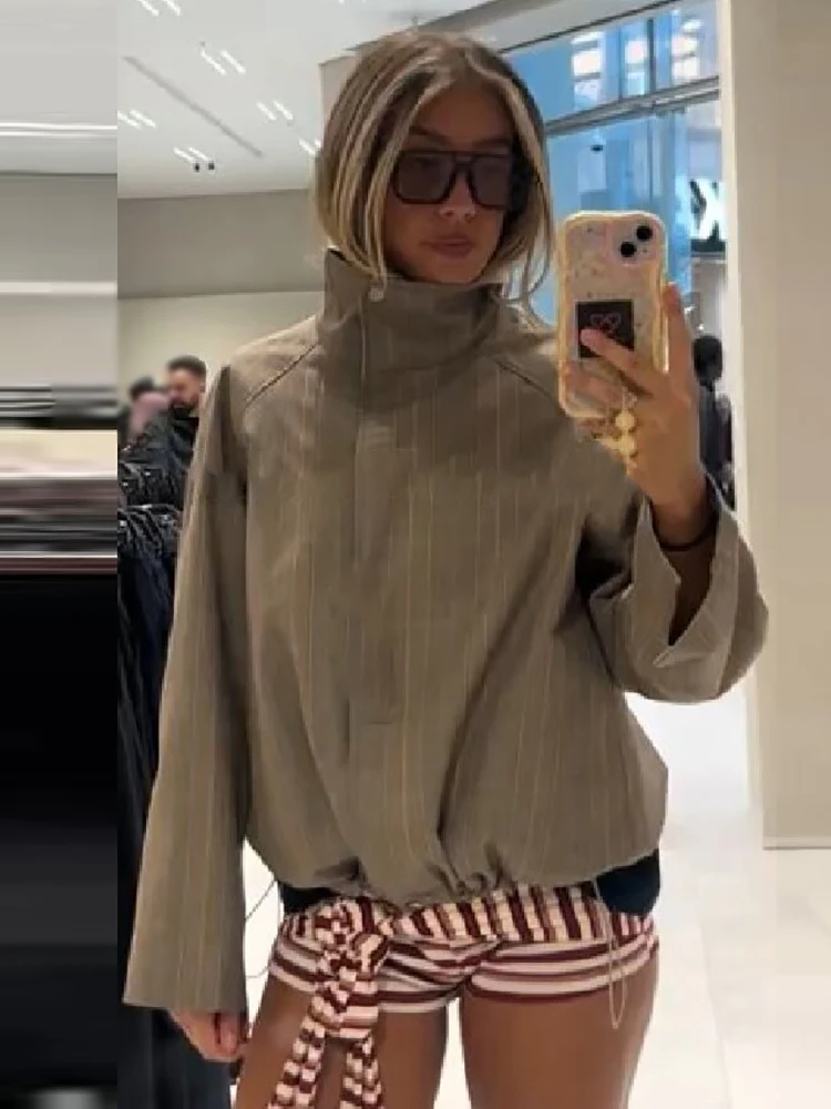 Women Oversized Stand Collar Short Jacket Zip Up Loose Plaid Solid Two Styles Casual Streetwear Autumn Long Sleeve Outerwear