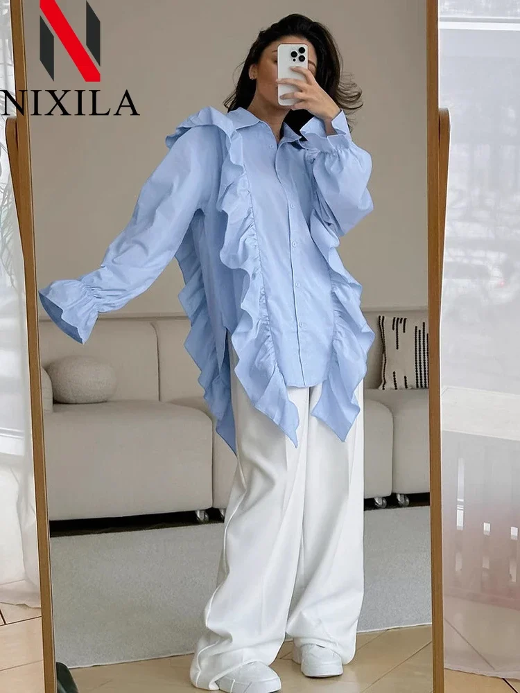 ربيع الخريف أزياء المرأة قميص كشكش حافة المتخصصة تصميم الشعور الإناث طويلة الأكمام قمم فضفاضة أنيقة المرأة بلوزة الملابس