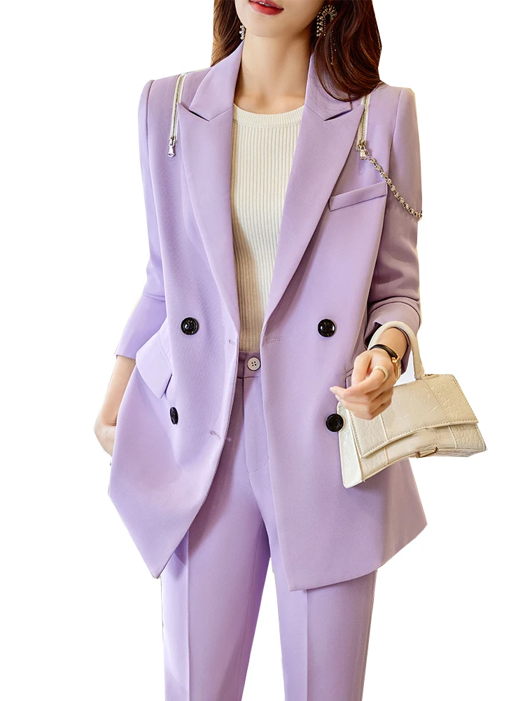 

Fashion Black Purple White Women Pant Suit Long Sleeve Double Breasted Loose Jacket Blazer And Trouser Ladies Casual 2 Piece Set