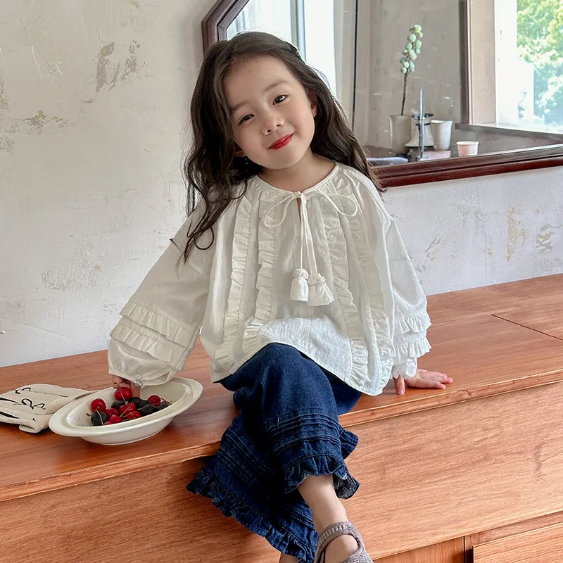 Blouses Autumn Childrens Clothing Girl White Shirt Puff Sleeve Children Shirt Long Sleeves Tops Open Stitch 2024 Loose Sweet