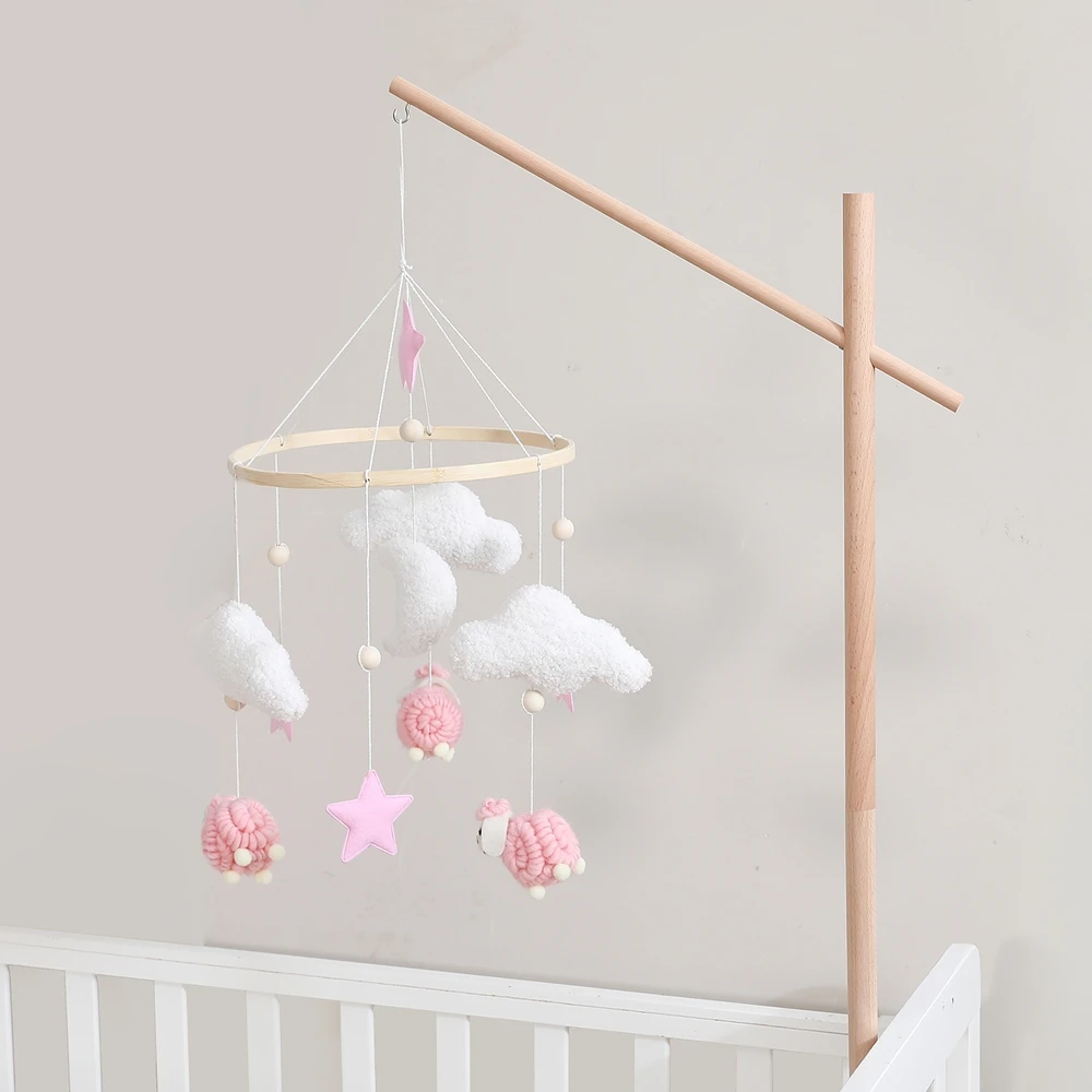 나무 침대 벨 브래킷 0-12개월 침대 벨 브래킷 사각형 나무 모빌 신생아 크로셰 침대 벨 장난감 아기 딸랑이 장난감