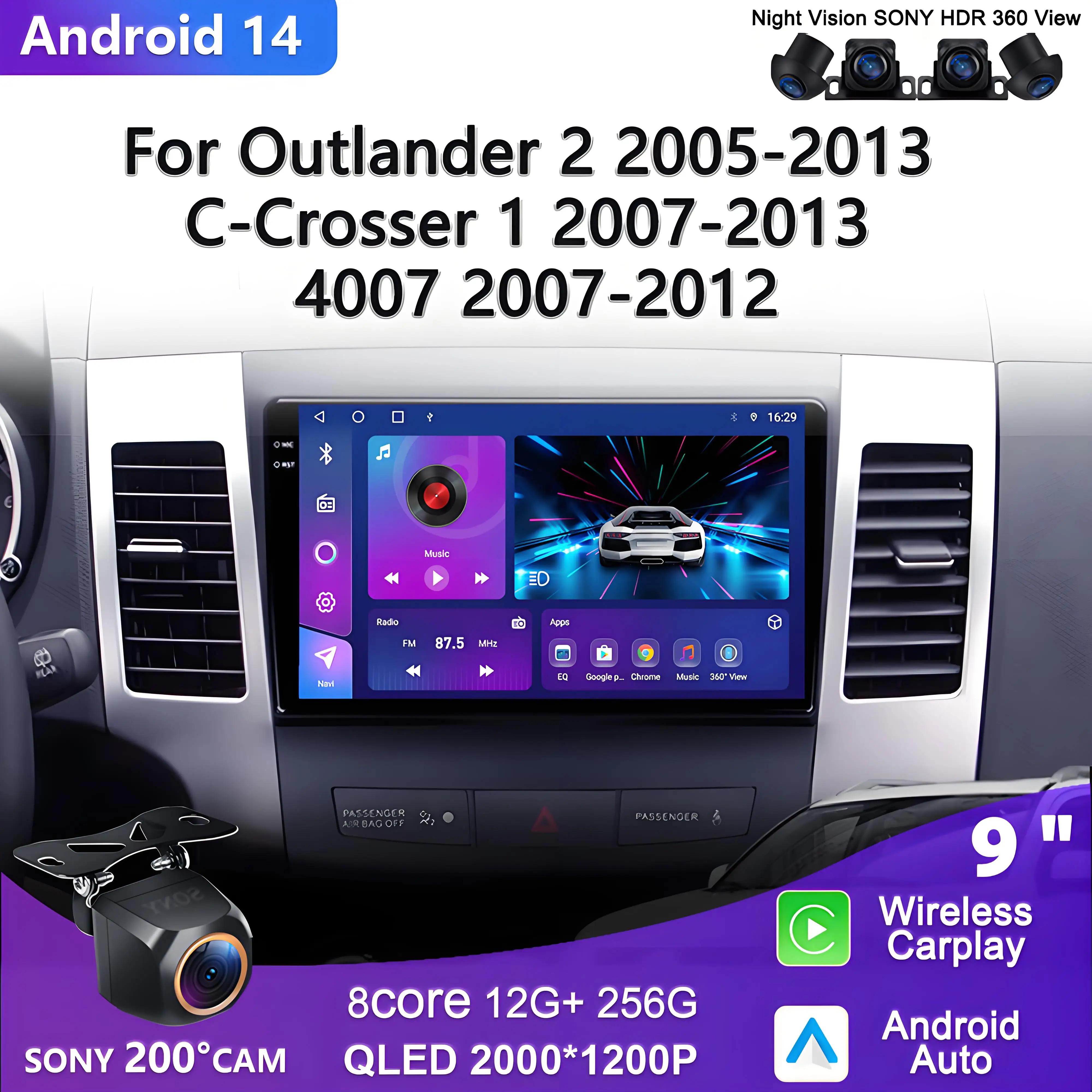 

Android 14 For Mitsubishi Outlander 2 CW0W 2005 - 2013 For Citroen C-Crosser 1 2007 - 2013 For Peugeot 4007 2007 - 2012 Car GPS