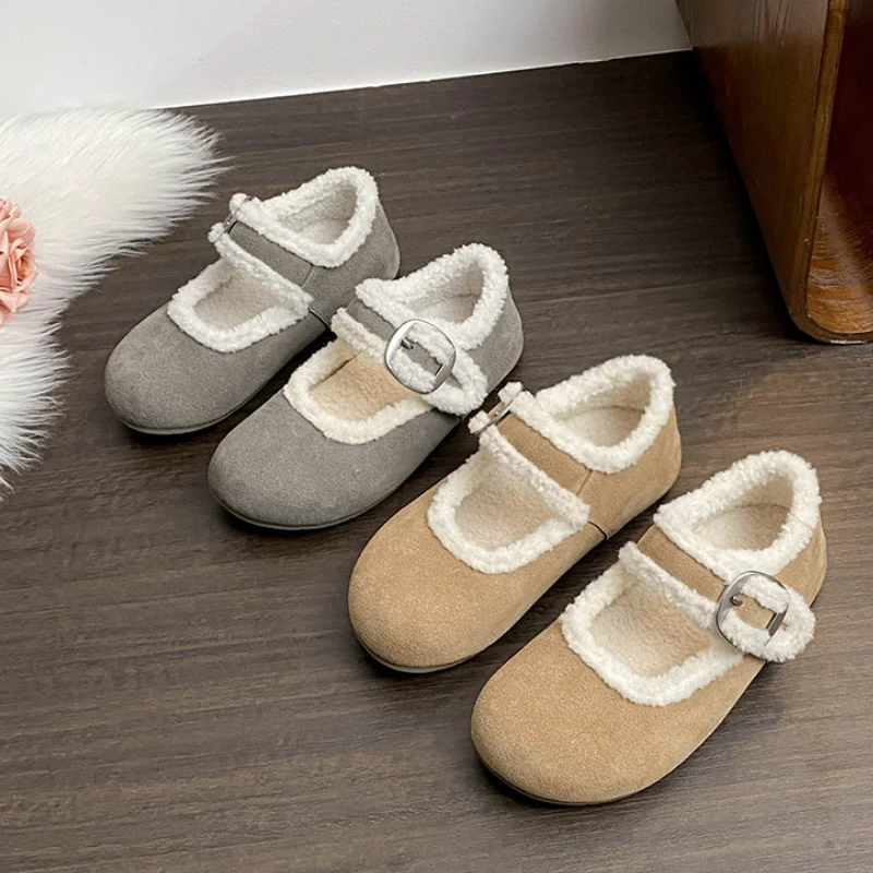 

Дизайнерские зимние хлопковые туфли Мэри Джейн, женские модные теплые туфли на плоской подошве с пряжкой на ремне, женские удобные балетки на мягкой подошве