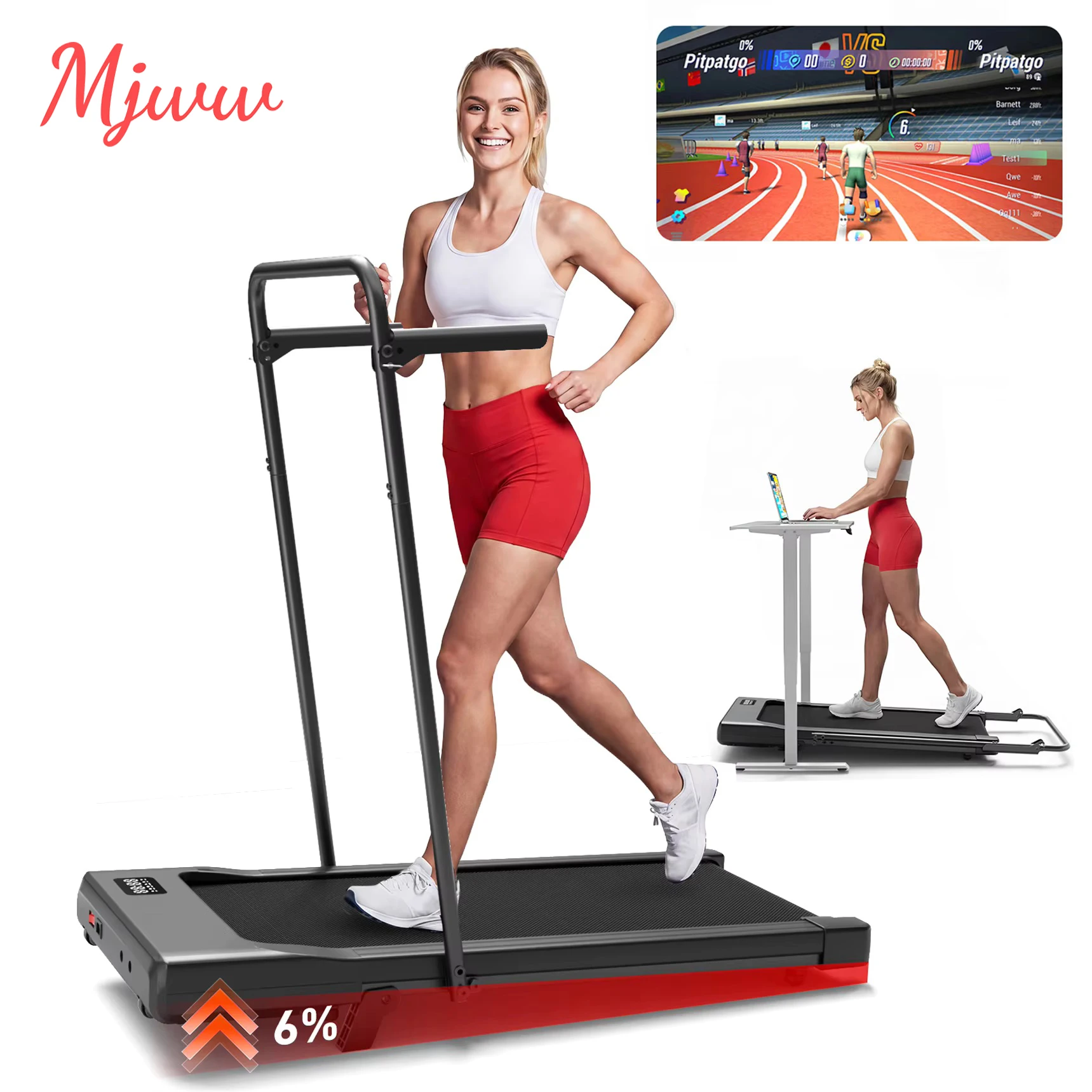 Tapis de course pliable MJWW avec poignée, inclinaison de 6 %, vitesse de 3,8 mph/6 km/h, écran LCD, surveillance par application, moteur 3,0 CV, machine d'exercice pour la maison