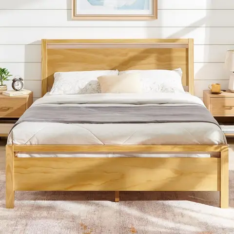 struttura letto queen size in legno massello con testiera, letto con piattaforma minimalista con supporto a doghe in legno/nessun bisogno di molle/assemblaggio facile